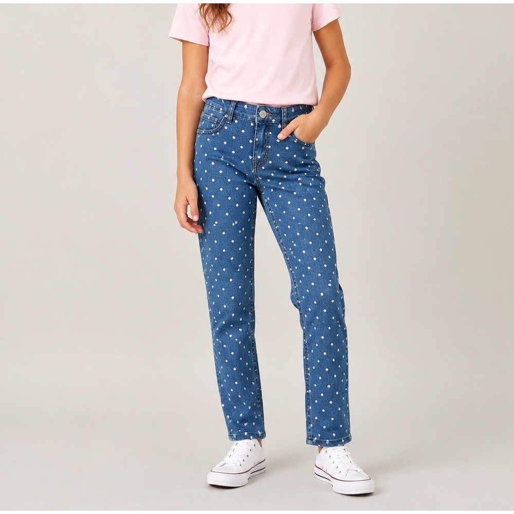 Hanna Andersson Jeans Girls 140 Blue White Polka Dot Adjustable‎ Waist NWT